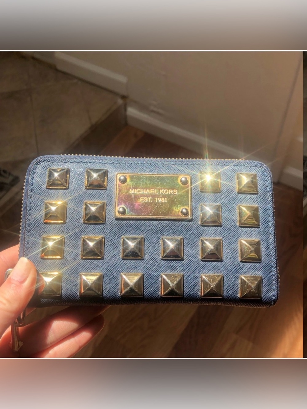 Michael Kors Studded Denim Zip Wallet - Blue & Gold